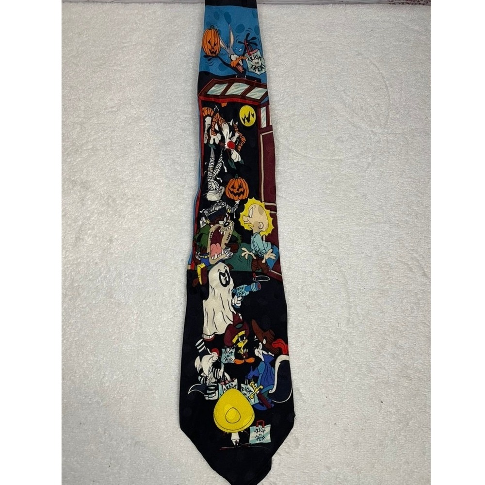 Looney‎ Tunes Halloween Tie Daffy Duck Elmer Fudd Bugs Bunny Korea 100% Silk